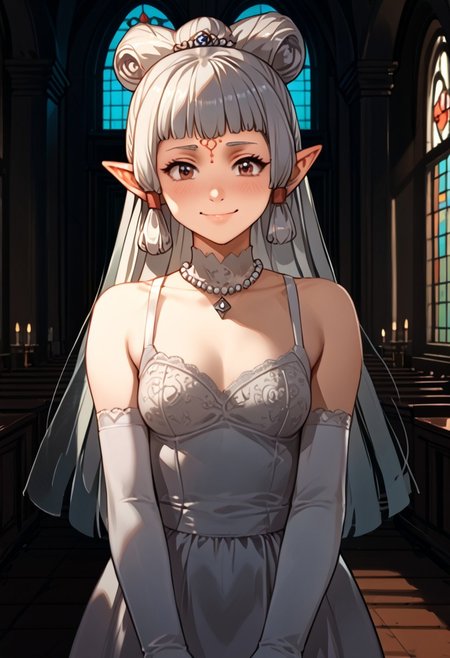score_9, score_8_up, score_7_up, score_6_up, score_5_up, score_4_up, source_anime, , (best quality) , (highly detailed) , (best quality) , (highly detailed) ,((masterpiece)), ((best quality)), (ultra-detailed), ((extremely detailed)), (high resolution), 4K, (8K), best quality, (beautiful), (dynamic lighting), (super detailed skin), sharp focus, (1_girl, solo focus), masterpiece ,absurdres ,detailed face ,beautiful face , paya, elf ears, pointy ears, Dark skin, high ponytail, Dark Skinned Female      
blush,bride, wedding dress, bridal veil, white dress, tiara, pearl necklace, indoors, church, sunlight, light rays, (light particles), elbow gloves, white gloves, garter straps, white thighhighs, gothic architecture, pillar, arch, smile, closed mouth, blush, sweatdrop, wedding ring, wedding,
 (portrait, upper body), OverallDetail,