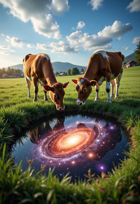 aidmaimageupgrader, aidmamj6.1, a high quality digital image of a serene pair of cows standing in a field, the scene is idyll captured on a perfect sunny day with a small village in the background, one cow is eating grass while the other cow is looking disinterestedly into a small watering hole in the field, the watering hole is made of an intricately detailed galaxy, within the galaxy we see a variety of stars, nebulae and galactic dust detailed in bright and vivid colours