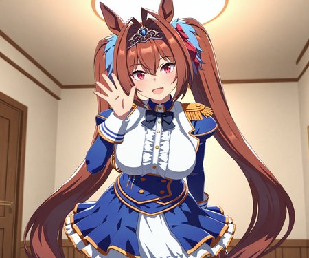 masterpiece, best quality, amazing quality, , 1girl, solo, looking at viewer, cowboy shot, smile, open mouth,    <lora:Daiwa Scarlet in game style 3D:1> ummsmingame, 3d, daiwa scarlet \(umamusume\),