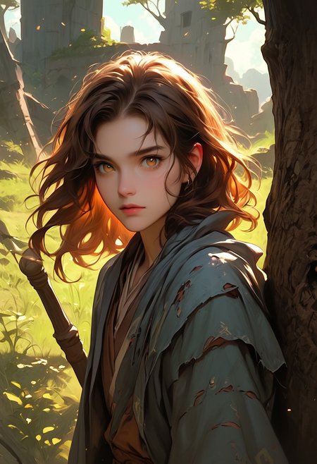 masterpiece, best quality, highly detailed, ultra-realistic, score_9, score_8_up, score_7_up, score_6_up, source_cartoon,
BREAK
1girl, solo, girl 27yo, wavy brown hair, hazel eyes, wearing a mage's robe that's been torn in battle, leaning against a tree with her staff in hand, (focus on her expression: weary, yet powerful), (background: a battlefield with smoke and fire, distant cries of battle), (atmosphere: chaotic, with a raw, unfiltered energy)