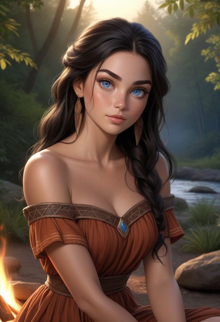 (photorealism:1.5)
female princess,  thoughtful expression, gazing at the campfire,   night forest in the background, warm sunlight, vibrant colors, high contrast, hyper-realistic, serene atmosphere, pensive pose, detailed, high-definition, reflective mood, peaceful setting,  long black hair, blue eyes
slight freckles, long eyelashes, thick eyebrows,  girl in off-shoulder old prehistoric dress, big neckline, 
head tilt, playful, perfect hands, eye contact,  midriff,  toned, fit,