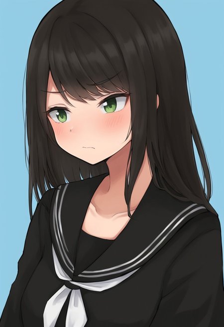 1girl, black sailor collar, black serafuku, black shirt, blouse, blue background, blush, collarbone, frown, green eyes, long hair, neckerchief, portrait, sailor collar, serafuku, shirt, simple background, solo, white neckerchief