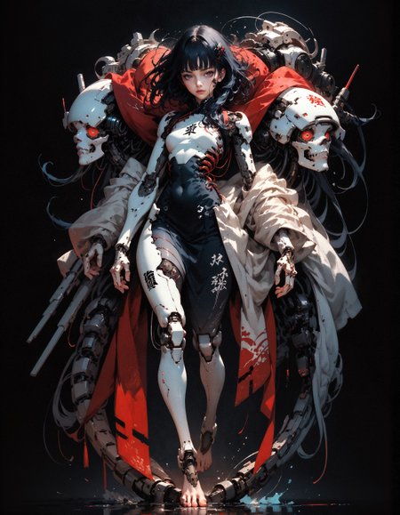 score_9, score_8_up, score_7_up, score_6_up, score_5_up, score_4_up,  (kanji, chinese characters, full body, mechanical toes:1.2), embedding:zPDXL, 1girl, solo, breasts, very long hair, bangs, simple background, black hair, red eyes, closed mouth, weapon, small breasts, blunt bangs, medium hair, looking at viewer, wide hips, thighs, floating hair, expressionless, black background, science fiction, android, cable, mechanical arms, cyborg, robot joints, mechanical parts, tube, spine
