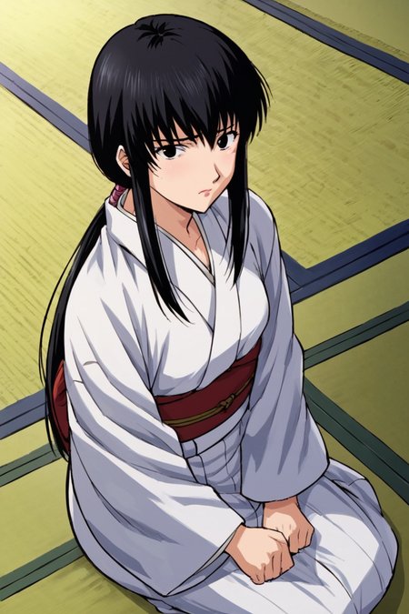 zPDXL, score_9, score_8_up, score_7_up, score_6_up, score_5_up, 4k, absurdres, 1girl, tomoeyuki, black hair, looking at viewer, nervous, anime, anime coloring, Fixhand,  hime cut, sidelocks, low ponytail, black eyes, sloppy coloring, small mouth, pale, 1980s anime, lipstick, shading, <lora:tomoeyukifuwa3:0.8>, yukata, epic background,red, seiza, sitting, tatami, from above