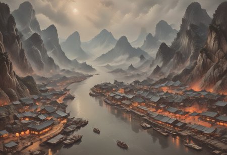 ((score_9, score_8_up, score_7_up, score_6_up)), ((Masterpiece)), (((Ha Long Bay, Halong Bay))), chinese meticulous ink, panorama landscape, dioramas, architecture, ships, wharf, sea, ((night-time, large moon)), dracula japan village, Japan, enchanted fortress and fortified castle, above the clouds, mystical atmosphere, detailed stone and wood walls, bloody mist swirls around, weibo, drawing, intimidating retro 90's, red, black, science fiction, a dark night sky lit by the glow of distant moons and neon lights. rockpunk, yoji shinkawa, James Jean, Ayami Kojima, village, <lora:EnvyPanoramaXL01:0.5>, Hand, detailed, perfect, perfection, hands, India Model, Beautiful, Photorealistic, chinese meticulous ink, illustration