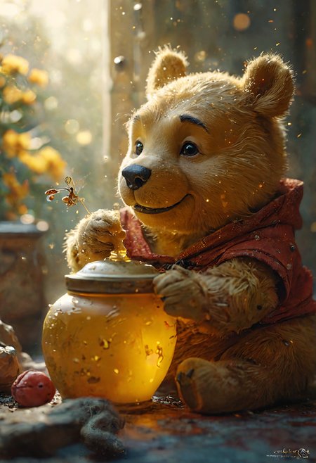 Portrait of Winnie The Pooh, eating Honey from a ceramic jar, magical, bokeh, orbs, dust particles  iredescent soft glow by Hidetaka Miyazaki, by Ruan Jia, Kentaro Miura, Artgerm, post processed, concept art, artstation, matte painting, style by eddie mendoza, raphael lacoste, alex ross<lora:add-detail-xl:1> <lora:MJ52:0.5>