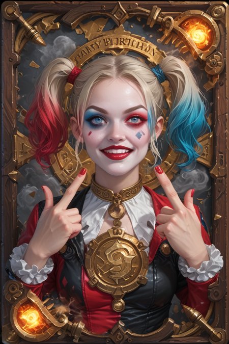 score_9,score_8_up,score_7_up,
hyper-detailed, masterpiece, best quality,realistic details,
cards, tarot, graphic frame, illustrative, obsidian, skeuomorphism, detailed, upper body, Harley Quinn from DC, colored smoke, guns, bullets, explosives, birthday firecrackers, middle finger,
<lora:sdxl_lightning_8step_lora:1>
<lora:DM_CB:1>
glowneon<lora:glowneon_xl_v1:1>