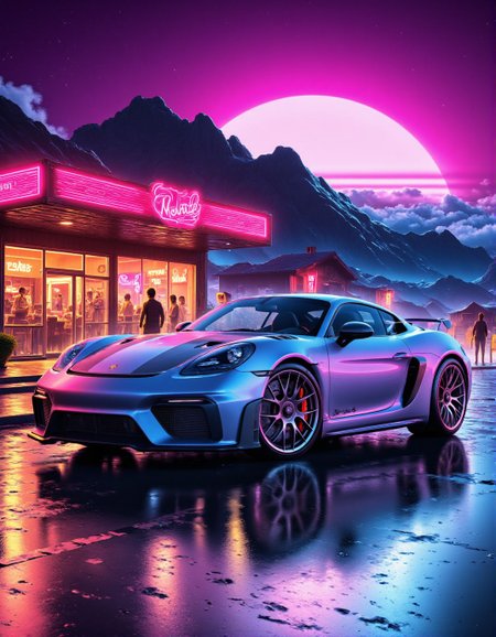 ck-nw, in the style of ck-nw, shiny silver Porsche 718 Spyder RS car parked in front of a hotel at sundown, sundown, sun, neon lit, gradient, stary night, mountains, <lora:ck-Neon-Retrowave:1> <lora:Porsche 718 Spyder RS:1>