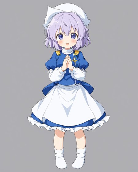 letty whiterock,1girl, solo, open_mouth, hat, full_body, blue_vest, white_headwear, bloomers, blue_skirt, waist_apron, own_hands_together, blush, simple_background, white_apron, white_socks, white_shirt, :d, no_shoes, juliet_sleeves, grey_background
<lora:letty_whiterock_image2226_2023-12-17-000010:1>,star-shaped_pupils,symbol-shaped_pupils,. gorgeous,key visual, vibrant, studio anime,award-winning, professional, highly detailed,high budget, cinemascope