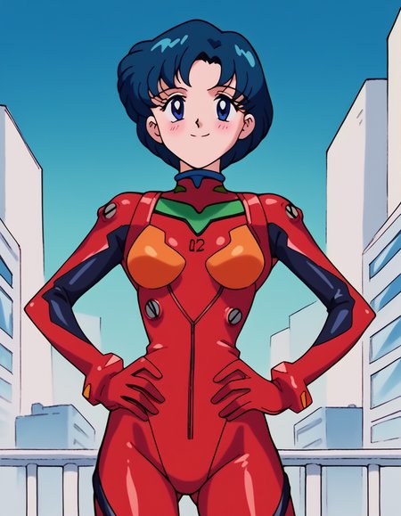 score_9, score_8_up, score_7_up, source_anime, <lora:ami-mizuno-s3-ponyxl-lora-nochekaiser:1>, ami mizuno, blue eyes, blue hair, short hair, parted bangs,, <lora:souryuu-asuka-langley-cosplay-ponyxl-lora-nochekaiser:1>, souryuuasukalangleycosplay, souryuu asuka langley (cosplay), bodysuit, pilot suit, plugsuit, red bodysuit, interface headset,, cityscape, smile, blush, hands on hips,, , cowboy shot, dutch angle