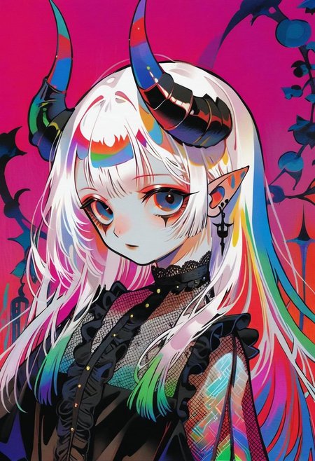 by tsubonari
 pale demon girl , prismatic coloring, holographic vibe, chromatic black lace blouse, gothic background, (long straight horns:1.2)