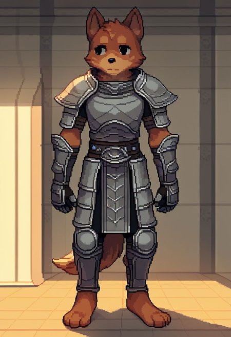 Pixel_Art,
solo, 1boy, cowboy shot, black eyes, closed mouth, animal ears, grey armor, standing, male focus, barefoot, gauntlets, faulds, dog, furry, arms at sides, furry male, vambraces, dog ears, body fur, looking away, indoors
