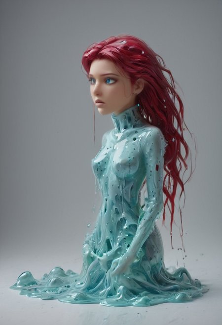a jessie cover with slime that dissolves it, slimme disolving, sl1m3d, slime-morph,sl1m3d, slime-morph, EPpkJessie, long hair, blue eyes, red hair, hair slicked back,