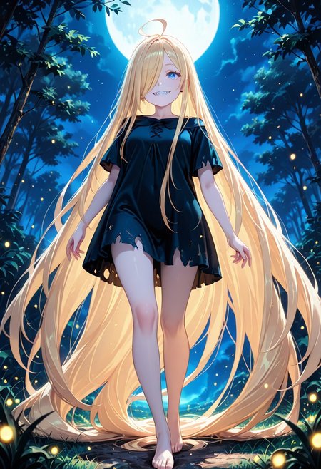 1girl, solo, masterpiece, best quality, newest, absurdres, CG, anime, source anime, illustration, very aesthetic, high resolution, ultra-detailed, newest, scenery, medium depth of field, rule of thirds, masterpiece-level, clean lines, 
BREAK 1girl, ((solo)), ru1, blonde hair, absurdly long hair, blue eyes, hair over one eye, sharp teeth, antenna hair, pale skin,
torn black dress, short sleeves, barefoot
dynamic pose, standing, grin, posing, extends her left hand to the viewer, looking at viewer
outdoors, meadow, fireflies, night, moonlight
cinematic angle, various angles, detailed background, beautiful background, (rays light:1.0),(grow:1.0) mystical, luminism, vibrant colors, light particles