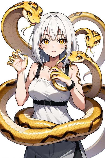 snake_hybrid,source_anime, high quality, highly detailed, 1girl, anime girl, snake girl, white background, snake fingers, snake hands, snake eyes, scales