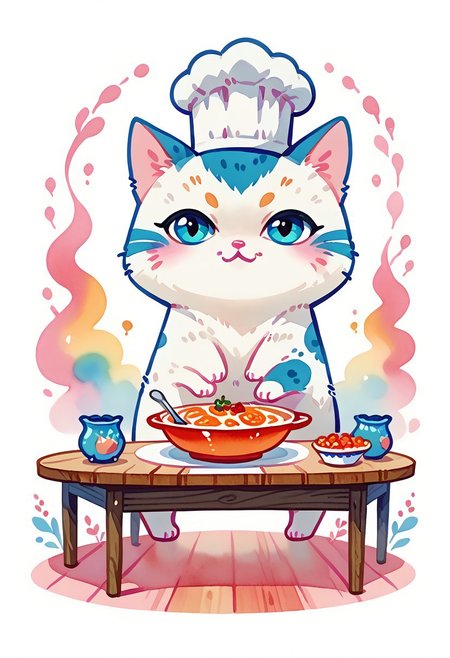 score_7_up, score_8_up, score_9, (full body:1.15), cat, animal kitten, chibi animal cat, Kus1cat, Chibi Art Style, furr, 
cute cat, game character, very cute, chef, watercolor style,
(Wooden table with colorful tablecloths detailed background:1.19), HQ,