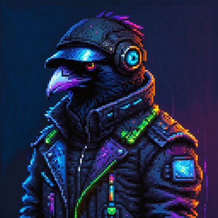 pixel art, digital oil pastel on canvas, animal, furry, upper body of a cyberpunk raven dressed in black techwear jacket, eye visor <lora:d\EnvyOilPastelXL01:2> <lora:pixelbuildings128-v2:1>