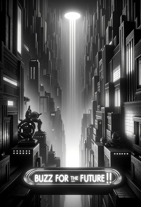 mad-ropolis-movie, retro future city, view from above black and white, 1920s, a neon sign reading "BUZZ FOR THE FUTURE!", glowing letters, centered at the bottom of the image