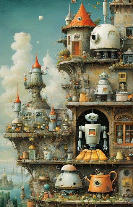 masterpiece,best quality,<lora:tbh357-sdxl:0.6>,illustration,style of Daniel Merriam portrait of Housework robots