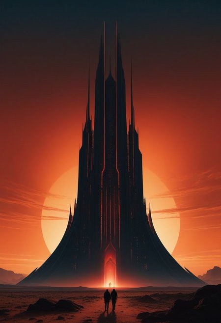inksketch in red and black of towering, enigmatic structures rising from a barren, arid landscape. Each tower is adorned with intricate, glowing lines of orange and blue lights, hinting at the advanced technology within. In the distance, other towering monoliths are visible, creating a sense of endlessness. The lighting, casting long, dramatic shadows. The camera is set at ground level, looking up at the overwhelming scale of the station, emphasizing its imposing and mysterious nature, silhouetted against a red sky.
