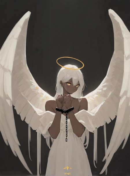 masterpiece, best quality, good quality, very aesthetic, absurdres, newest, cowboy_shot,dark background, solo,
1girl, angel, giant wings, yellow eyes, 
dark skin, white hair,
handcuffed,
<lora:add-detail-xl:1>,  <lora:xilmoforill:0.8>, ultra detailed, sharp focus,
