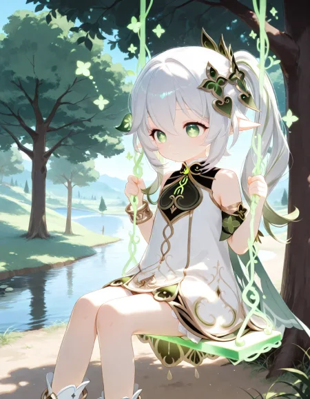 1girl, nahida \(genshin impact\), general, swing, sitting, green energy, glowing swing, general, petiite, tree, leaf, river, aged up, 
very awa, masterpiece, best quality, amazing quality, absurd res, hi res, highres, <lora:naitian_epoch_15:0.8>