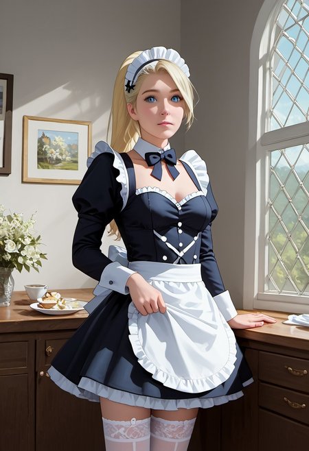 1girl, solo, score_9_up, score_8_up, score_7_up, score_6_up, cute face, detailed and beautiful face, detailed and beautiful eyes, cute girl, inoYamanakaPDXL, blonde, ponytail, blue eyes, medium breasts, maid outfit, white stockings, cleaning dishes, looking at viewer, standing, room, detailed, intricate details, realistic, FaceDetail, stunning, masterpiece,