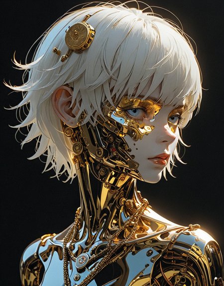 Manga style, detailed hyperrealism, full-body automaton (Jamie Hewlett, John Berkey), with short straight white hair, opal medallion, head tilted to one side, face hidden by hair, golden skin, very high contrast, lighting overhead, darkness, nudity, black background; 3D rendering, 4K <lora:Sinozick:1> <lora:epi_noiseoffset2:1>