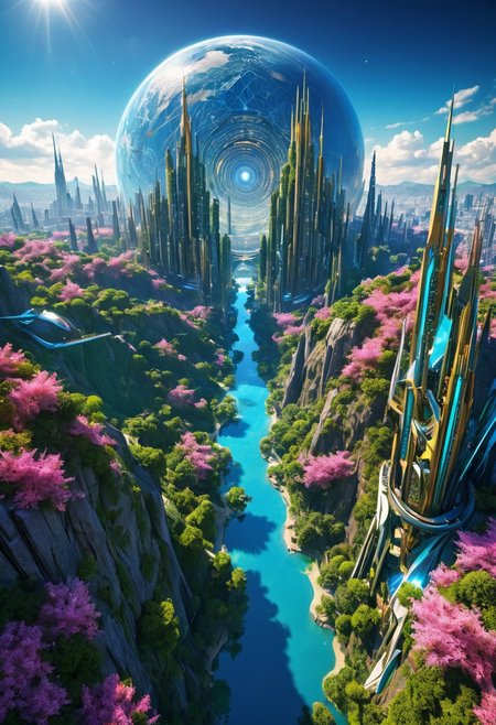 (masterpiece:1.5), unreal 8k wallpaper, unity 8k wallpaper, score 9, score 8 up, score 7 up, masterpiece_portrait, extreme quality, reflection, surface reflection, dynamic lighting, Cinematic style, cinematic quality, ((no humans, no people)), photorealistic, realistic, a spectrum of iridescent colors, precise, fractal design, flowing curves, precision, colorful, fractal geometry, harmonic interference, digital illustration, photo manipulation, altered realities, fantastical scenes, digital artistry, striking visuals, sharp focus, detailed background, light reflection, futuristic, future, sci-fi, A huge open valley on an spectacular world, in the center of the valley is (massive cybernetic City), the (massive cybernetic City) has been here for a very long time, strange cybernetic foliage has started to grow over it, when  this (massive cybernetic City) was built no one knows it has long been forgotten, beautiful blue skies majestic clouds, strange trees dot the landscape, in the sky you can see a massive moon is all inspiring and a little frightening, the valley is also covered in beautiful  flowers and cybernetic trees, no life can be seen anywhere, 3D, metallic reflection, massive cybernetic City, vast world was strange and wondrous plant life,