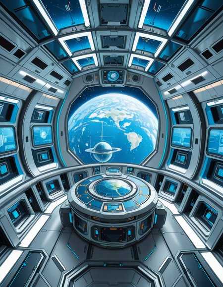 The interior of a massive orbital space station, high above a blue and green Earth-like planet. The setting is a panoramic observation deck with towering reinforced windows that curve around the structure, offering a breathtaking view of the planet below and the star-filled void beyond. The stationâs architecture is sleek and functional, blending advanced human technology with subtle design flourishes â brushed metal walls, glowing interface panels, and clean geometric lines.
Soft white lighting lines the floor and ceiling panels, while ambient blue lights provide a calming atmosphere. Transparent digital displays float in the air, projecting live telemetry, spacecraft traffic, and real-time planetary data in holographic form. In the center of the room, a circular command table displays a rotating 3D projection of the planet and orbital routes.
In the background, the low hum of life support systems and distant radio chatter add to the immersive realism. Cables and utility panels are subtly integrated into the environment, and security doors lead to other compartments of the station. The entire space feels controlled, precise, and filled with purpose â a hub of advanced civilization silently orbiting in the cold beauty of space.<lora:SDXLFaeTastic2400:0.4> <lora:extremely_detailed:0.4> extremely detailed,space station c0ntr0l c3nt3r, <lora:space_station_c0ntr0l_c3nt3r-i:1>, Masterpiece,best quality,hi res,8k,hi res,8k,award winning,(sharp focus, intricate, highly detailed),