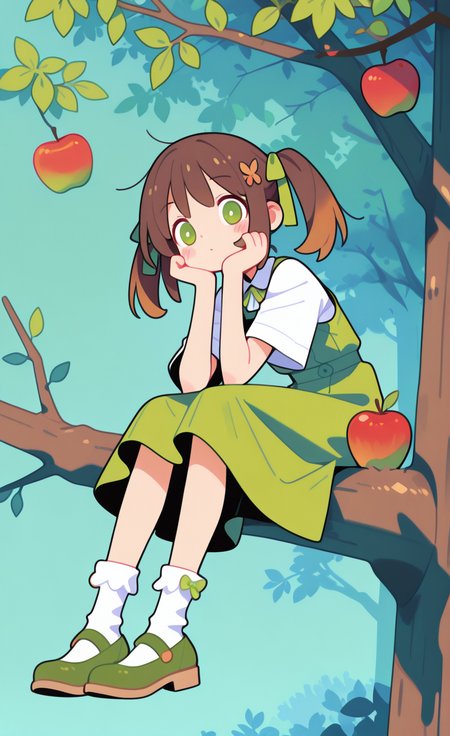 masterpiece,best quality,amazing quality, 1girl, solo, looking at viewer, blush, shirt, brown hair, hair ornament, dress, bow, ribbon, closed mouth, sitting, twintails, green eyes, white shirt, full body, hair ribbon, short sleeves, outdoors, food, shoes, sleeveless, collared shirt, socks, day, tree, sleeveless dress, fruit, leaf, white socks, mary janes, green bow, green dress, head rest, green ribbon, branch, apple, pinafore dress, hands on own face, green footwear, green theme, hands on own cheeks, in tree, haiz_ai, Nemstyle
Flatline, Flat vector illustration, <lora:ponyv6_noobE11_2_adamW-000017:0.3> <lora:MeMaXL4:0.8> <lora:Nem_StyleIllustrious:0.7> <lora:checkpoint-e18_s306:1.2> <lora:haiz_ai_illu:0.7>