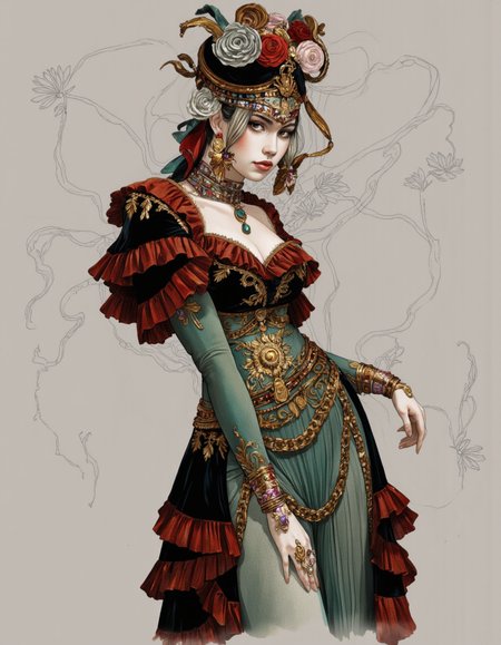 Art by Alessandro Barbucci. High Fashion, concept art half l Body of a gypsy spanish woman in flamenco clothes, Blender stylized charismatic aesthetic random composition deep breathing locations and details professional style digital, meticulous craftsmanship artistic style, superb vision nocturnal influence visually dark high end artistic technologies style splash finely artistic works.
Digital artwork, illustrative, painterly, matte painting, highly detailed, dynamic, dramatic, haute couture, elegant, ornate clothing, High Fashion.