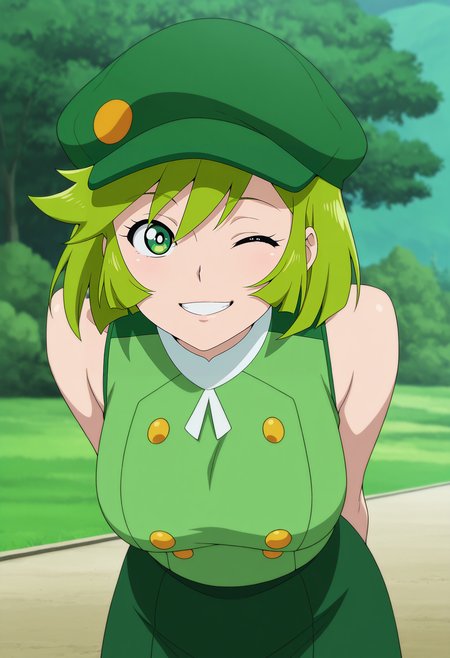 1girl,solo,mm,mature female,green hair,green eyes,short hair,anime coloring,
arms behind back, leaning forward, smile,one eye closed, teeth, green skirt,green headwear,hat,sleeveless,sleeveless shirt,buttons,looking at viewer, outdoors
,masterpiece,best quality,amazing quality,<lora:Honey_Kisaragi-Cutie_Honey_Universe:0.8>
