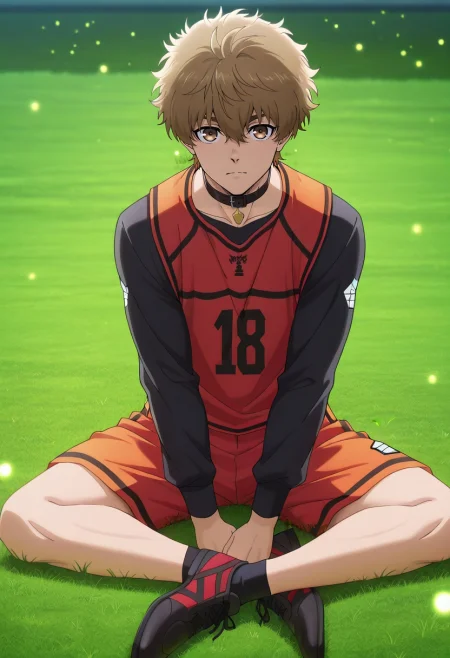masterpiece, best quality, intricate details, anime screencap, , , looking at viewer, 1boy, solo, male focus, <lora:asahi_naruhaya_ilxl:0.98>, asahi_naruhaya, brown hair, brown eyes, short hair, hair between eyes, bangs, sportswear, hidden meadow, soft grass, glowing fireflies, peaceful streams, resting pose, dreamy expression, moonlit evening, Utility shorts, Floral BurntOrange Long-sleeve shirt, Dress shoes, , Collar
