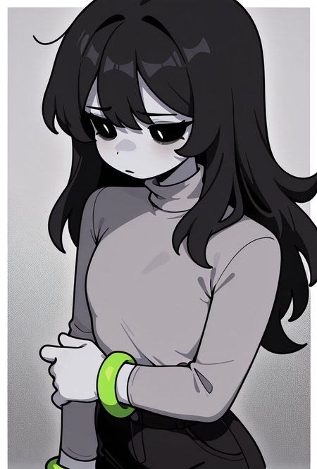 <lora:charlieemily-05:1> charlieemily, 1girl, black hair, long hair, black eyes, grey shirt, turtle neck, grey skin, black pants, long sleeves, green bracelet, grey background,, masterpiece, best quality, amazing quality, very aesthetic, absurdres, newest,, upper body, halftone effect, white borders, abstract background:1.2,