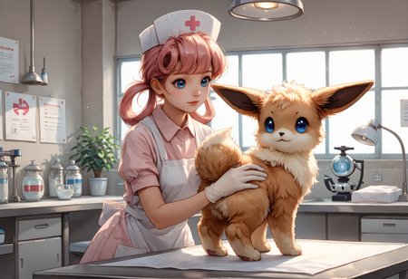 score_9,score_8_up,score_7_up,high quality,masterpiece,highres,infirmary,<lora:Hoseki_Pokemon_NurseJoy_PDXL_v1>,njpk,medium breasts,pink hair,hair rings,bangs,nurse cap,pink collared dress,puffy short sleeves,white apron,white footwear,<lora:Veterinarian_inspection:0.8>,vetcheck,vetcheck,human,veterinarian,lab coat,rubber gloves,inspection,hands,holding animal,animal focus,inspection table,<lora:EeveePokedexPDXL>,zzEV,zPDXL3,<lora:add-detail-xl:2>,âââ