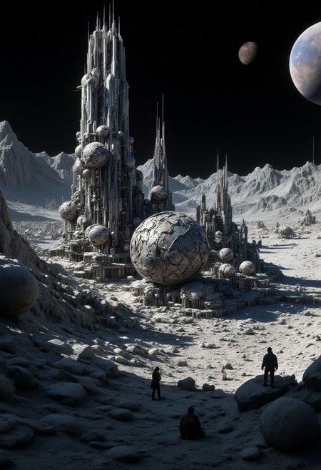 masterpiece oil painting, landscape of a futuristic sci-fi moon base, gleaming metals and ceramics, domes, cratered environment, dusty, thin haze, a large planet dominating the skyline