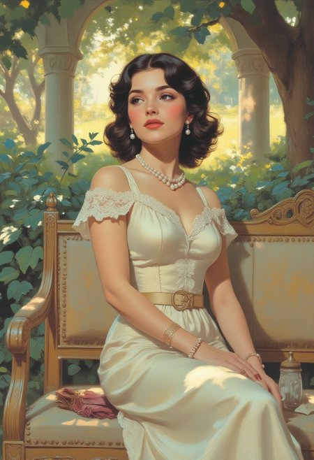 photo-realistic, beautiful woman, elegant, sitting on a luxurious stone bench, white satin dress, lace details, brunette, wavy hair, soft makeup, red lipstick, pearl earrings, soft lighting, lush green foliage, stone pillars in background, sunlight filtering through trees, pastel colors, vintage style, delicate textures, relaxed pose, cozy atmosphere, high-resolution, detailed, feminine, graceful, sophisticated, refined, serene expression, luxurious setting fantasy painting.
Lghtn, c0mix2 perfection style aidmamj6.1
