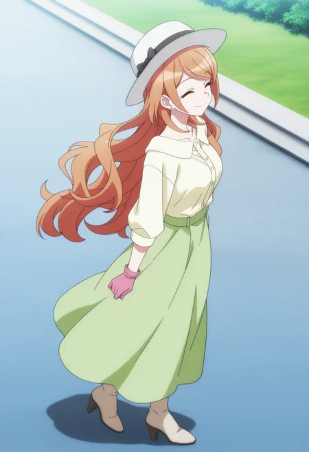 newest, masterpiece, best quality, 4k,
outdoors, very aesthetic, detailed background, full body, 
1girl, solo,  <lora:EikoHouzukiV2:1>e1ko_greendress, orange hair, very long hair, closed eyes, swept bangs, jewelry, earrings, white headwear, white shirt, green skirt, long skirt, high heel boots, pink gloves,floating hair, ^_^