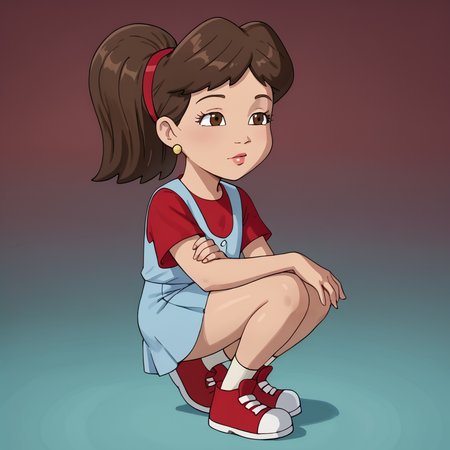 <lora:EmmyDragonTales:1> emmy(dragon tales), 1girl, solo, emmy, brown hair, ponytail, brown eyes, red shirt, red hairband, overall skirt, shoes, earrings, jewelry