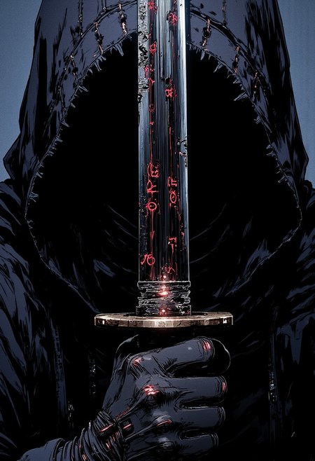 Composition: nistyle, manga lines, extreme close-up portrait, framing only the hooded head and the katana's blade crossing near the face; the framing is so tight that the character's body below the neck is almost entirely cropped out only the hood, the blade, and part of the gripping hand are visible.
Character Design: mysterious anime figure wearing a tattered, shadowy hood the entire face is engulfed in pure darkness under the hood, no facial features visible at all; only a faint gleam from within the shadows hints at presence.
Pose: the katana is held vertically, blade gleaming next to the hooded face, almost brushing the fabric the grip firm but relaxed, exuding silent tension.
Visual Details: the katana's blade is highly detailed with subtle runic engravings glowing faintly; the fabric of the hood shows frayed textures and catches small highlights from distant unseen light.
Lighting: dramatic, minimal light from one side, casting sharp highlights on the blade and hood edges, leaving the rest to dissolve into blackness.
Color Palette: deep blacks, muted steels, faint silver blues; extremely high contrast.
Mood: ominous, poised for a strike, emotionless yet heavy with unseen history.
Art Style: hyper-detailed anime realism, gritty and cinematic, textured shading and moody atmosphere.