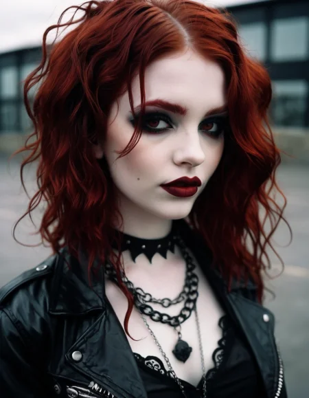 analog photo, 1girl,   (goth:1.4),  ginger-haired beauty with vibrant crimson locks styled in loose waves, few strategically placed strands framing her face, bold, fiery red lipstick, smoky eyes with dark liner, shimmering eyeshadow, chunky chain necklace adding an edgy touch, fitted black leather jacket layered over lace-trimmed camisole, rebellious grin, highly detailed, 4k