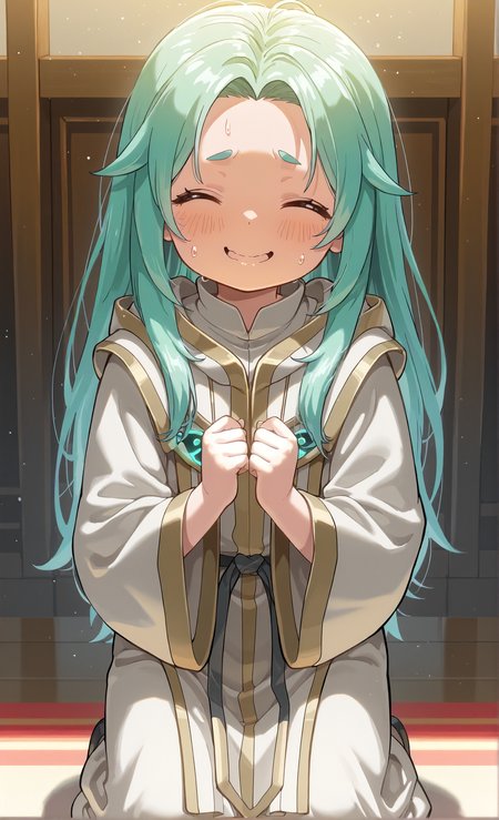 masterpiece, sharp detail, intricate detail,  1girl,  <lora:To be hero X - Lucky Cyan:1>, lucky cyan \(to be hero x\), nervous smile, child, robe, kneeling, looking to the side, facing viewer,