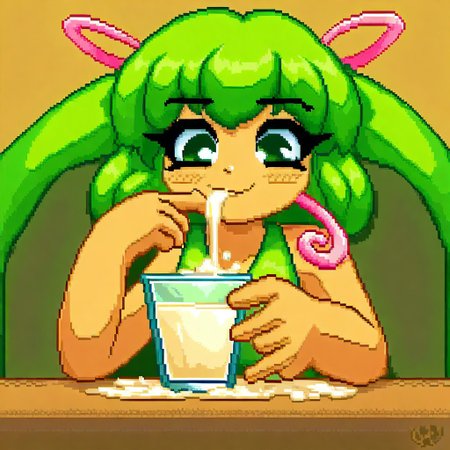 score_9
girl with cheeks full of fruit loops, breafast table, milk pouring out,
smile, happy, eating, full cheeks, cute, pixel art style