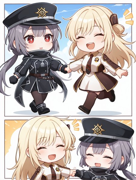 chibi, 2girls, ^^^, closed eyes, cloud, holding hands, open mouth, smile, blue sky, outdoors, simple background, white background, sky striker ace - raye, ordinary uniform, brown hair ornament, white cropped jacket, brown waist cape, white collared dress, brown thighhighs, black shoes, brown necktie, white border, sky striker ace - roze, black scarf, black military uniform, black gloves, black pantyhose, black boots, black peaked cap,
masterpiece,best quality,amazing quality,very aesthetic,absurdres,newest,<lora:Sky striker ace - Raye & Roze illusXL v1.1:0.76>,