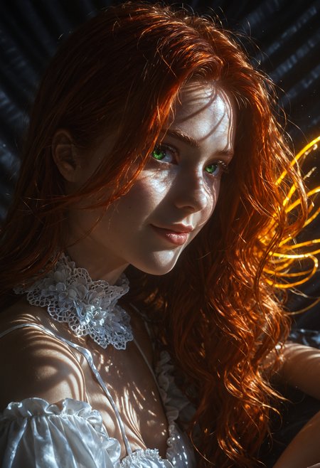 score_9, score_8_up, score_7_up, Expressiveh, EYESHD, from side, Close-up, lying, 1girl, young woman, redhead, graduated bob, angel face, smirk, green eyes, neck ruff, textured skin, white tulle prairie dress, refraction of light, orange glowing spirals on background, black textured background, ombre, Expressiveh, EYESHD, from side, Close-up, lying, 1girl, young woman, redhead, graduated bob, angel face, smirk, green eyes, neck ruff, textured skin, white tulle prairie dress, refraction of light, orange glowing spirals on background, black textured background, ombre, cinematic