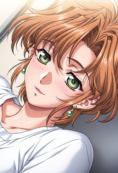 masterpiece, best quality, newest, highres, uncensored, 1girl, yokota mamoru style,1girl,
Hiizumi Hikaru,Brown Hair, Curtained Hair, Short Hair, Wavy Hair,Green Eyes,Slim
Slim solo, open eyes, earrings, jewelry, long hair, blush, close-up,, dutch angle, portrait,happy