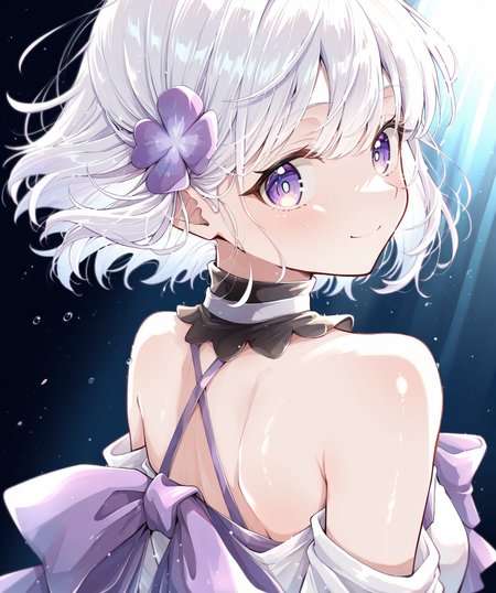 intricately detailed illustration, shiny skin, masterpiece, best quality, amazing quality, very aesthetic, newest, scenery, (volumetric lighting:1.1), full color, clear line, <lora:arte_v1:0.8>, arte, purple eyes, white hair, short hair, hair ornament, purple clover ornament, black choker, white dress, bare shoulders, purple ribbon, smile, upper body, looking back, simple background, <lora:cfg_scale_boost:0.7>