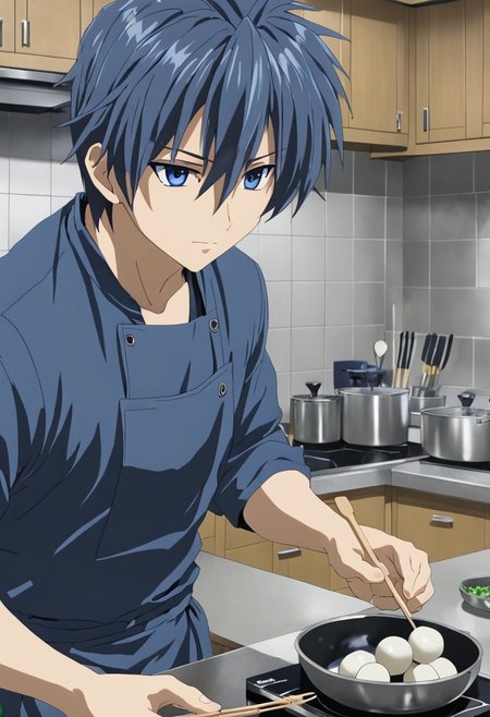 Anime Style, easynegative, detailed_eye_model, Highres, Masterpiece, High Quality, 4K, 8K, solo, 1boy, Tomoya Okazaki, Deep Blue Eyes, Grey Blue Hair, Cooking a Dango, kitchen, active movement, cooking utensils, concentration, enthusiasm, tempting aroma