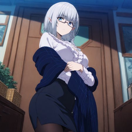 solo,cowboy_shot,looking at viewer,masterpiece,high score,great score,absurdres,anime coloring,<lora:BetaV3 ag4o:1> betakage, pointy ears, grey hair, short hair, blue eyes, mole under eye, side braid,frilled shirt,under-rim eyewear,shawl,side braid,pencil skirt,pantyhose,